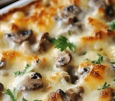 Mouthwatering Mushroom Swiss Burger Casserole served in a dish