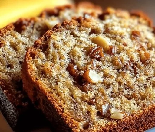 Delicious slice of Nana's secret banana nut bread on a wooden table