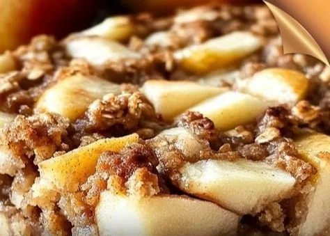 Oatmeal apple bake served in a baking dish, topped with fresh apples.