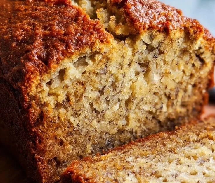 Slices of homemade old fashioned banana bread on a wooden table