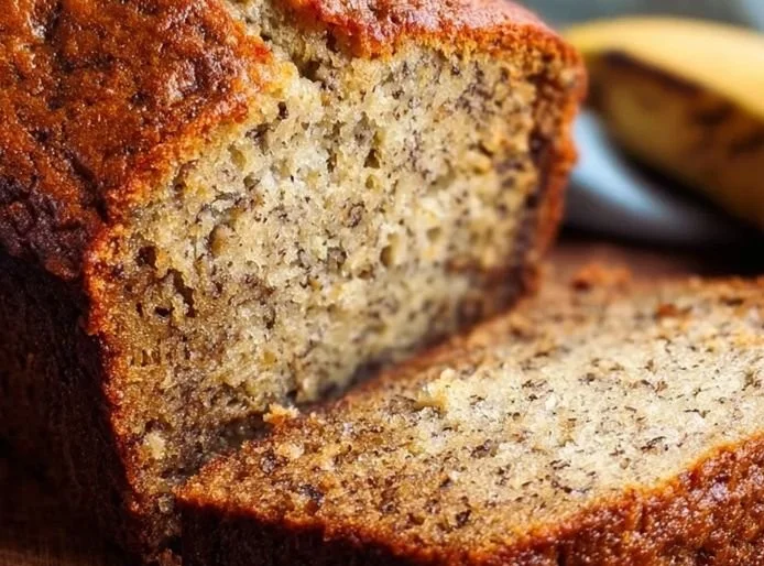 Sliced old fashioned banana bread on a wooden cutting board
