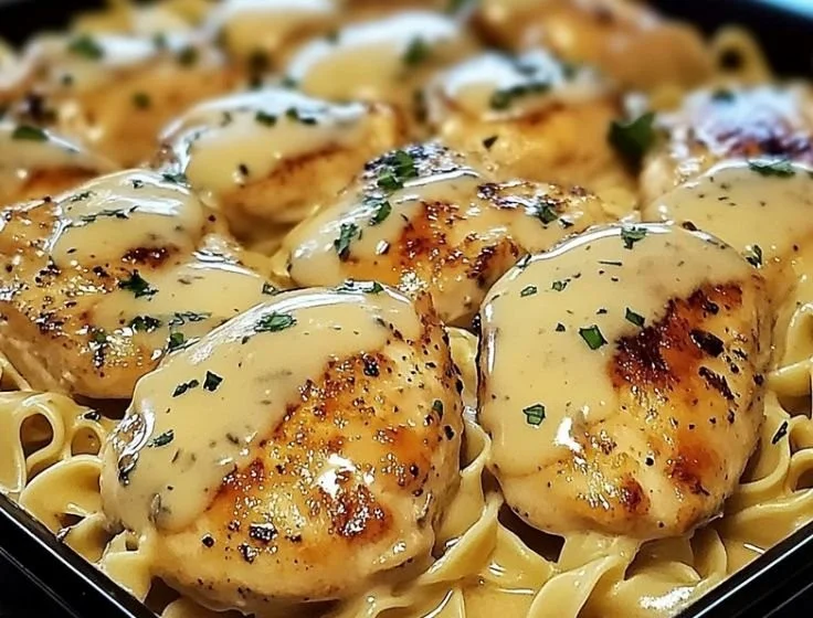 Delicious one-pan chicken with buttered noodles on a plate.