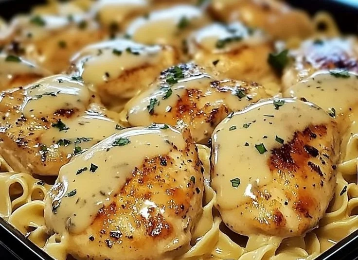 One-Pan Chicken served with rich Buttered Noodles on a plate.
