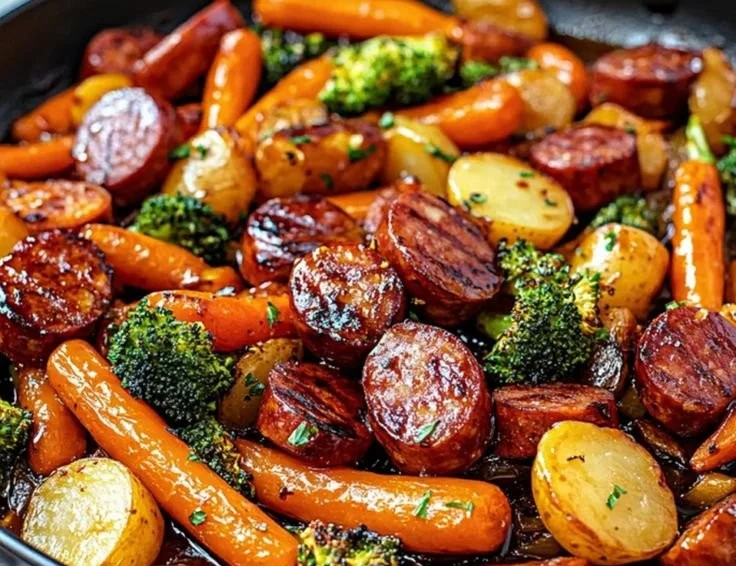 One-pan honey garlic kielbasa and veggies dish served in a skillet