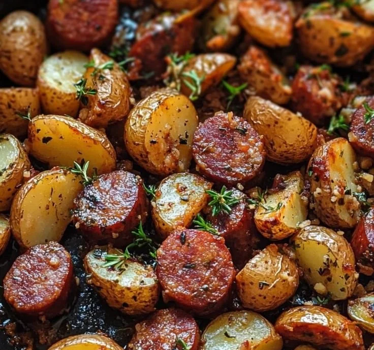 One Pan Kielbasa and Potatoes dish ready to serve