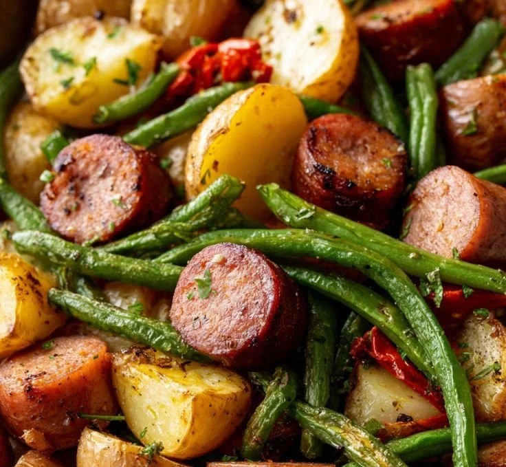One Pan Sausage, Green Beans, and Potatoes dish on a plate