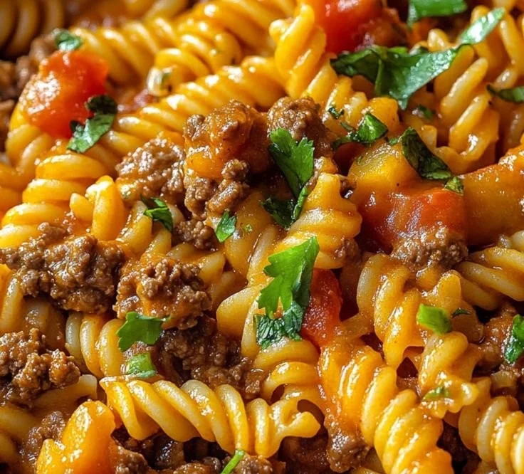 One Pot Beef Taco Pasta topped with cheese and cilantro, served in a bowl.
