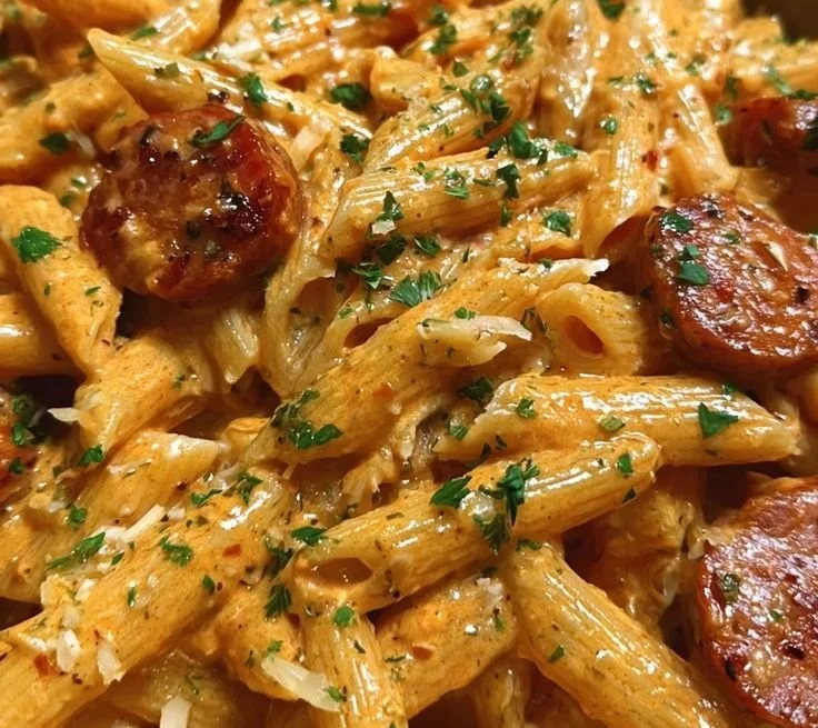 One-pot creamy spicy Cajun sausage pasta dish served in a bowl.