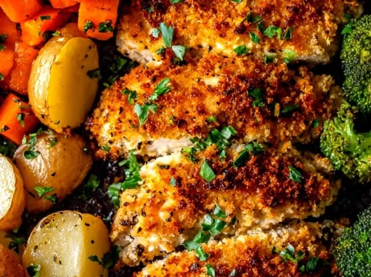Parmesan Crusted Chicken Sheet Pan Dinner with veggies on a baking tray.