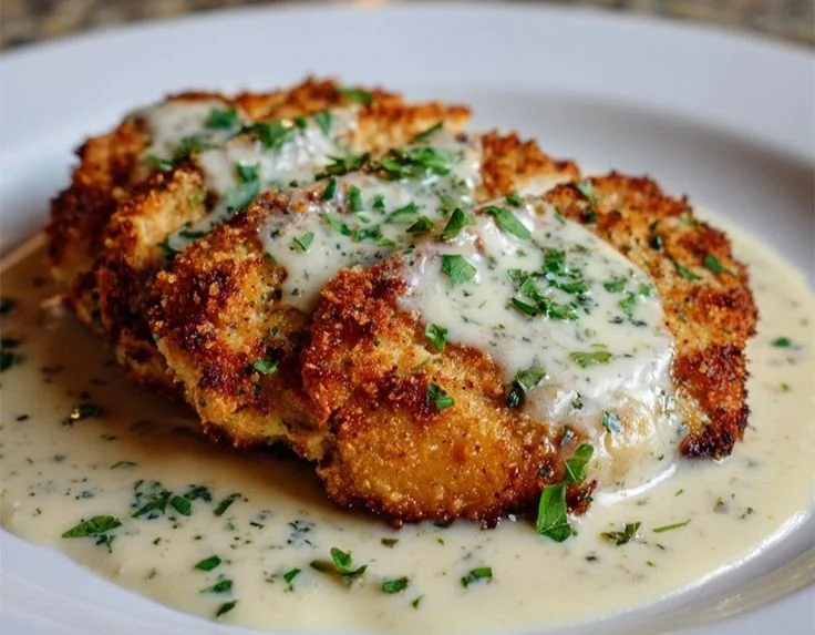 Parmesan Crusted Chicken served with Creamy Garlic Sauce on a plate