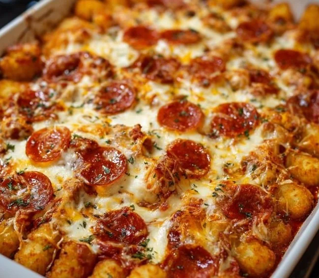 Delicious Pizza Tot Casserole with cheese and crispy tater tots