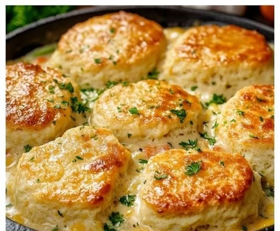 A delicious serving of Red Lobster Biscuit Chicken Pot Pie with flaky biscuits.