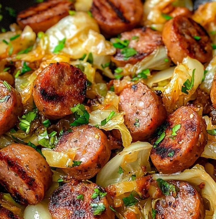 Colorful Sausage and Cabbage Stir Fry in a skillet ready to serve
