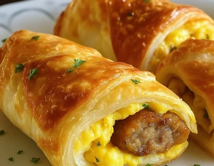 Sausage egg breakfast roll-ups served on a plate, perfect for a quick breakfast.
