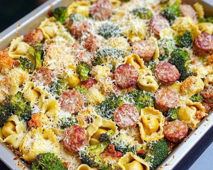 Sheet Pan Broccoli Tortellini Bake with cheese and vegetables