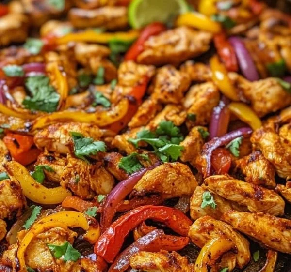Sheet pan chicken fajitas with colorful peppers on a table
