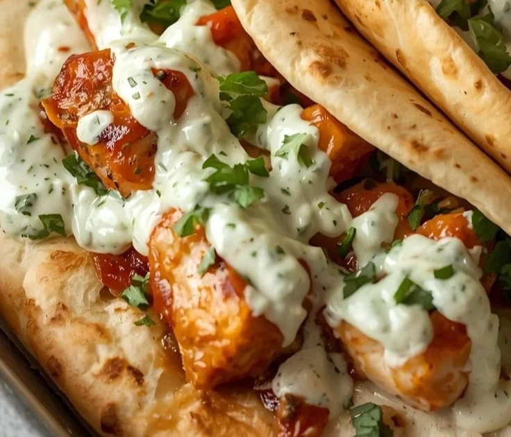 Sheet pan chicken pitas with herby ranch dressing served on a plate