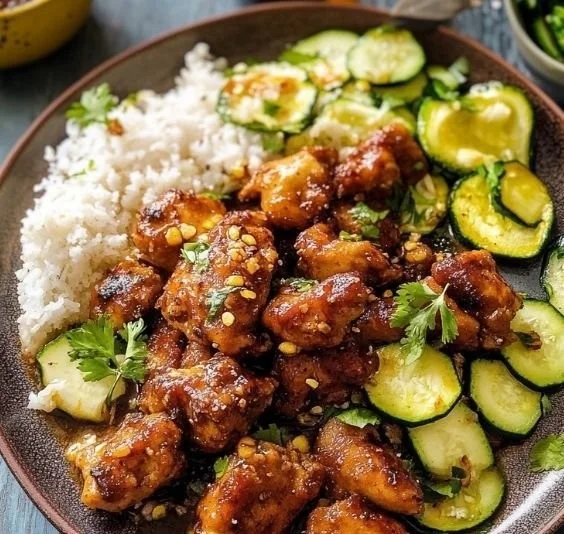Sheet pan hot honey garlic chicken with zucchini ready to serve.