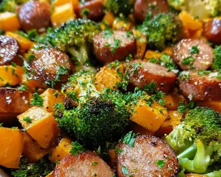 Sheet pan sausage and sweet potatoes with honey garlic sauce