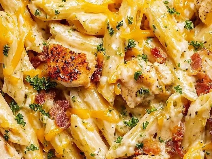 Creamy Crack Chicken Pasta dish with chicken, pasta, and herbs