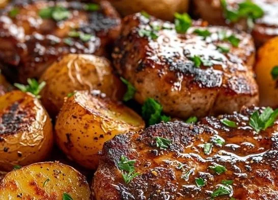 Sizzling Sheet Pan Pork Chops with golden potatoes on a tray