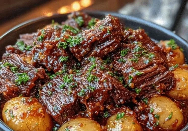 Slow Cooker Garlic Butter Beef with Potatoes dish garnished with parsley