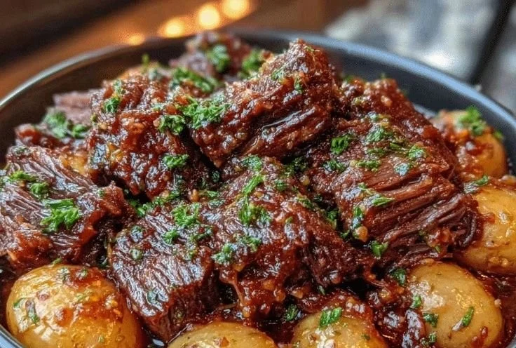 Slow Cooker Garlic Butter Beef with Potatoes dish ready to serve