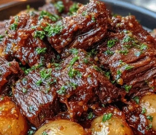 Delicious slow cooker garlic butter beef served with tender potatoes