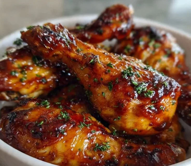 Slow cooker honey BBQ chicken drumsticks served on a plate with sauce