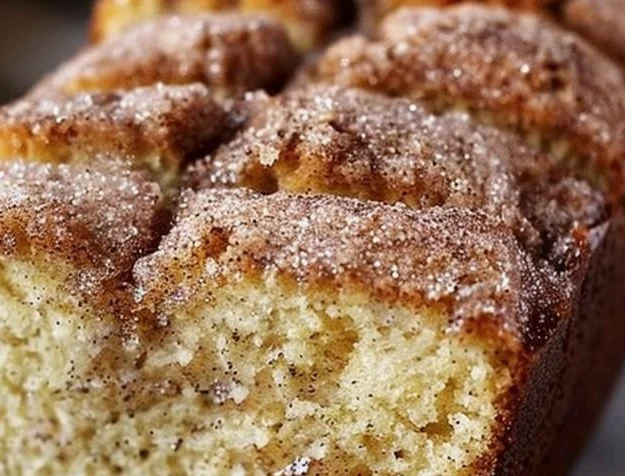 Freshly baked snickerdoodle banana bread with a cinnamon sugar topping