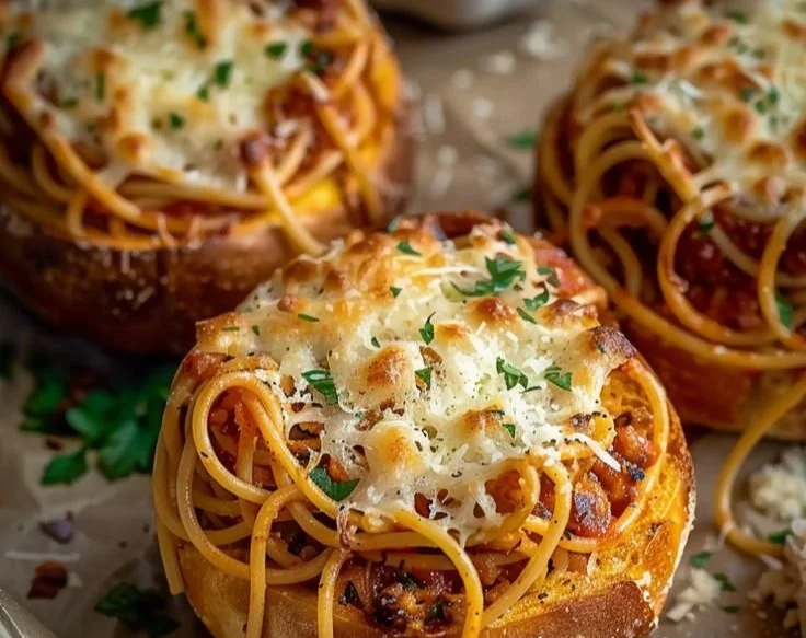 Spaghetti garlic bread bowls filled with pasta and herbs