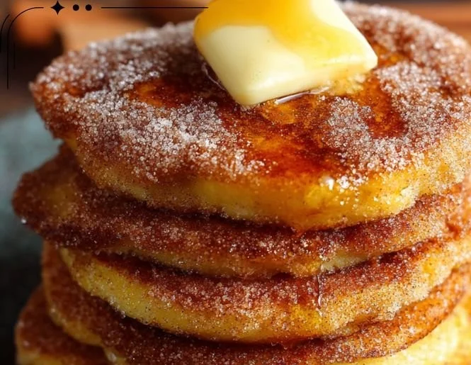 Delicious churro pancakes drizzled with chocolate and cinnamon sugar.