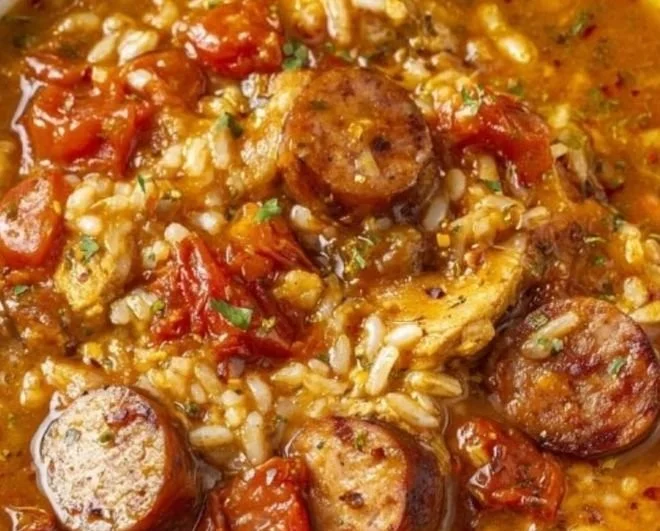 Bowl of spicy Jambalaya soup with Andouille sausage and chicken ingredients.
