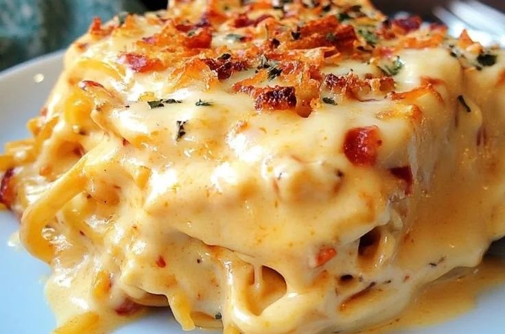Flavorful spicy southern cheesy chicken spaghetti casserole in a serving dish.
