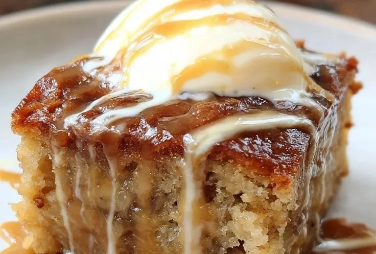 Sticky Banana Bread Pudding Cake topped with caramel and served warm.