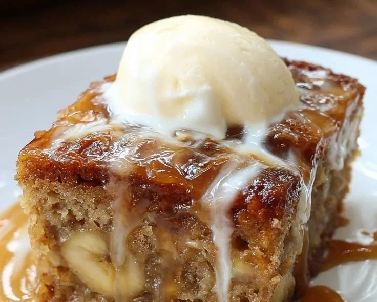 Delicious sticky banana bread pudding cake topped with caramel sauce.
