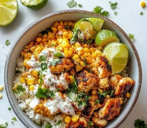 Delicious Street Corn Chicken Rice Bowl with chicken, corn, and rice garnished with fresh herbs.