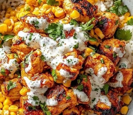 Delicious Street Corn Chicken Rice Bowl topped with fresh ingredients and flavors.