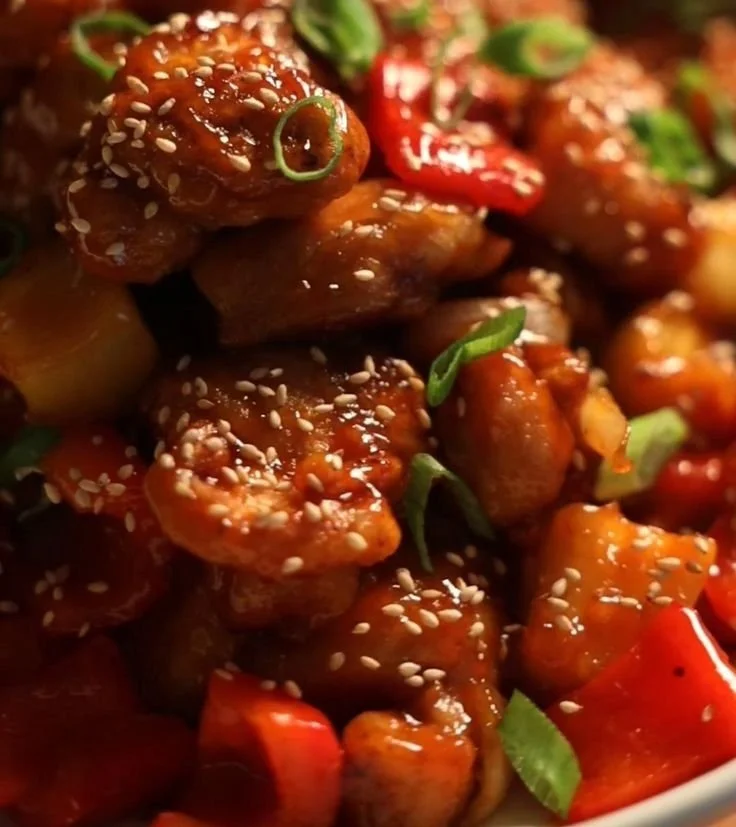 Plate of Sweet and Sour Chicken with colorful vegetables and rice