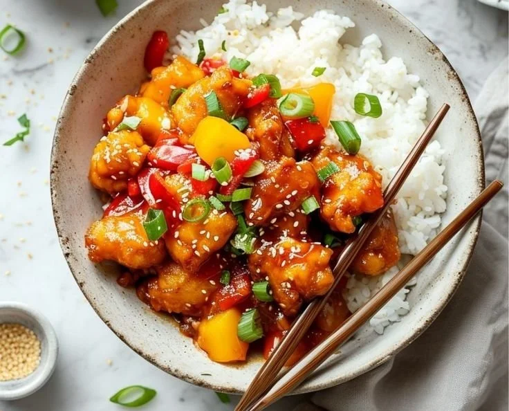 Sweet and Sour Pineapple Chicken dish served with colorful vegetables