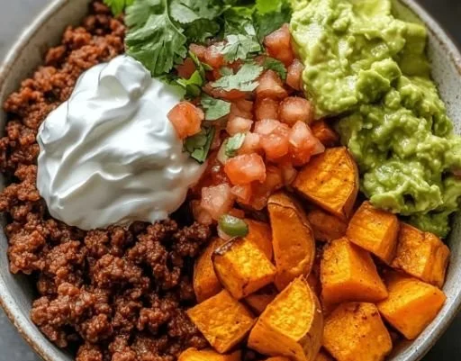 Sweet Potato Taco Bowl with fresh toppings and colorful ingredients