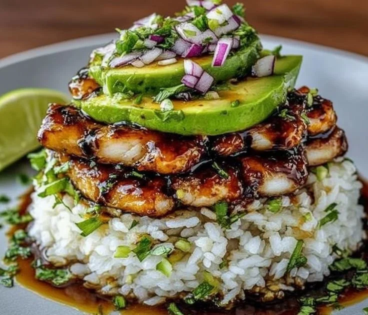 Tangy Honey Lime Chicken served with Avocado Rice Stack