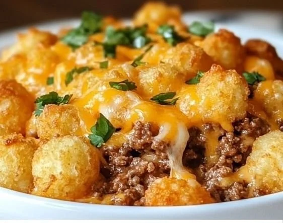 Homemade Tater Tot Casserole with Ground Beef topped with crispy tater tots