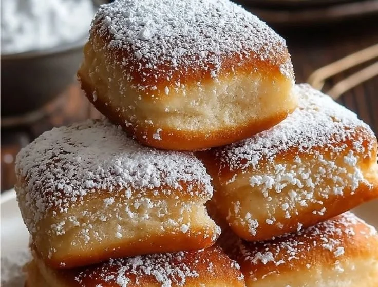 Freshly made Vanilla French Beignets dusted with powdered sugar.