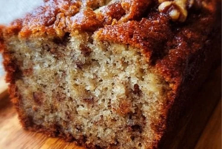 Loaf of the world's best banana bread with sliced bananas on top