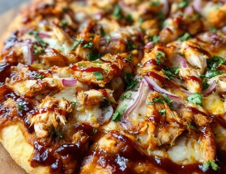 A delicious BBQ Chicken Pizza topped with grilled chicken, BBQ sauce, and melted cheese.