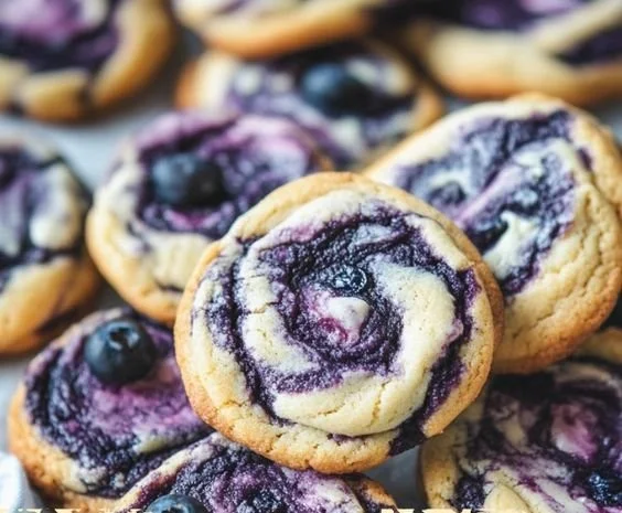 Plate of delicious blueberry cheesecake cookies with a fresh blueberry garnish
