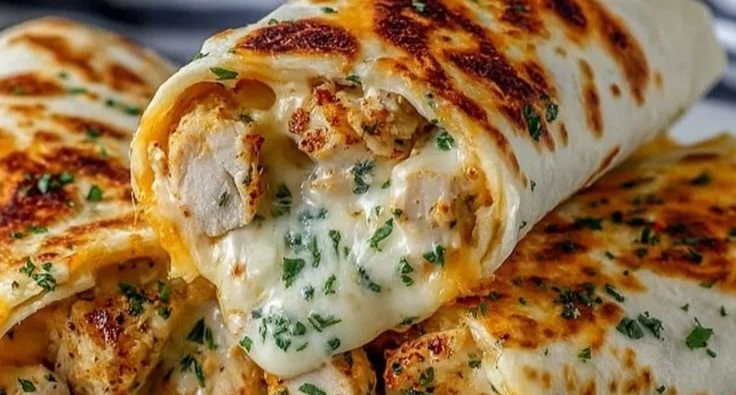 Cheesy garlic chicken wraps served on a plate with fresh ingredients