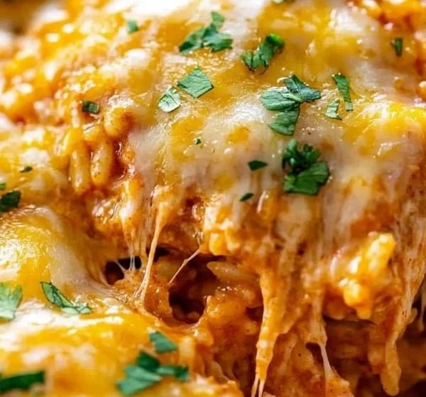 Delicious Chicken Enchilada Rice Casserole topped with cheese and fresh herbs