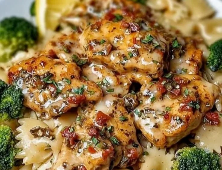 Cowboy Butter Lemon Bowtie Chicken served with broccoli, a delectable dish.